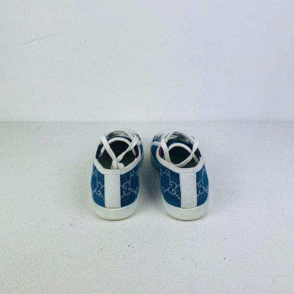 Gucci Blue Denim Monogrammed GG Logo Leather Trim Low Top Tennis Trainers UK 3 - Picture 6 of 10